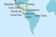 Visitando Los Ángeles (California), Cabo San Lucas (México), Mazatlan (México), Puerto Quetzal (Guatemala), Puntarenas (Costa Rica), Canal Panamá, Colón (Panamá), Cartagena de Indias (Colombia), Gran Caimán (Islas Caimán), Tampa (Florida)