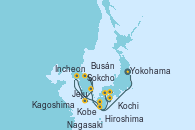 Visitando Yokohama (Japón), Kobe (Japón), Kobe (Japón), Kochi (Japón), Hiroshima (Japón), Sokcho (Corea del Sur), Busán (Corea del Sur), Jeju (Corea del Sur), Incheon (Corea del Sur), Nagasaki (Japón), Kagoshima (Japón), Yokohama (Japón)