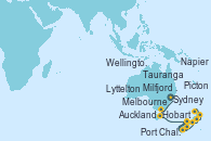 Visitando Sydney (Australia), Melbourne (Australia), Hobart (Australia), Milfjord Sound (Nueva Zelanda), Port Chalmers (Nueva Zelanda), Lyttelton (Nueva Zelanda), Picton (Australia), Wellington (Nueva Zelanda), Napier (Nueva Zelanda), Tauranga (Nueva Zelanda), Auckland (Nueva Zelanda)