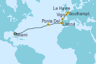 Visitando Miami (Florida/EEUU), Ponta Delgada (Azores), Lisboa (Portugal), Vigo (España), Le Havre (Francia), Southampton (Inglaterra)