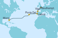 Visitando Southampton (Inglaterra), Vigo (España), Lisboa (Portugal), Ponta Delgada (Azores), Miami (Florida/EEUU)