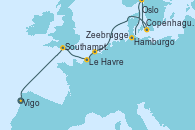 Visitando Vigo (España), Southampton (Inglaterra), Le Havre (Francia), Zeebrugge (Bruselas), Copenhague (Dinamarca), Oslo (Noruega), Hamburgo (Alemania)
