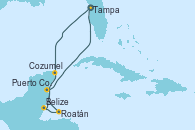 Visitando Tampa (Florida), Cozumel (México), Belize (Caribe), Roatán (Honduras), Puerto Costa Maya (México), Tampa (Florida)