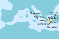 Visitando Civitavecchia (Roma), Nápoles (Italia), Heraklion (Creta), Kusadasi (Efeso/Turquía), Estambul (Turquía), Mykonos (Grecia), Atenas (Grecia)