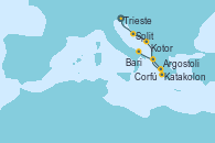 Visitando Trieste (Italia), Split (Croacia), Kotor (Montenegro), Katakolon (Olimpia/Grecia), Argostoli (Grecia), Corfú (Grecia), Bari (Italia)