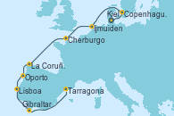 Visitando Kiel (Alemania), Copenhague (Dinamarca), Ijmuiden (Ámsterdam), Cherburgo (Francia), La Coruña (Galicia/España), Oporto (Portugal), Lisboa (Portugal), Gibraltar (Inglaterra), Tarragona (España)