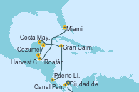 Visitando Ciudad de Panamá (Panamá), Canal Panamá, Puerto Limón (Costa Rica), Gran Caimán (Islas Caimán), Costa Maya (México), Cozumel (México), Harvest Caye (Belize), Roatán (Honduras), Miami (Florida/EEUU)