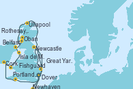 Visitando Dover (Inglaterra), Portland, Dorset (Reino Unido), Cork (Irlanda), Fishguard (Gales), Isla de Mann (Reino Unido), Belfast (Irlanda), Rothesay, Isla de Bute (Reino Unido), Oban (Escocia), Ullapool (Escocia), Newhaven (Reino Unido), Newcastle (Reino Unido), Great Yarmouth (Inglaterra), Dover (Inglaterra)