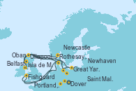 Visitando Dover (Inglaterra), Portland, Dorset (Reino Unido), Saint Malo (Francia), Fishguard (Gales), Isla de Mann (Reino Unido), Belfast (Irlanda), Rothesay, Isla de Bute (Reino Unido), Oban (Escocia), Ullapool (Escocia), Newhaven (Reino Unido), Newcastle (Reino Unido), Great Yarmouth (Inglaterra), Dover (Inglaterra)