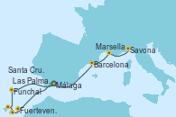 Visitando Málaga, Fuerteventura (Canarias/España), Las Palmas de Gran Canaria (España), Santa Cruz de Tenerife (España), Funchal (Madeira), Barcelona, Marsella (Francia), Savona (Italia)