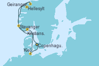 Visitando Copenhague (Dinamarca), Hellesylt (Noruega), Geiranger (Noruega), Stavanger (Noruega), Kristiansand (Noruega), Kiel (Alemania), Copenhague (Dinamarca)