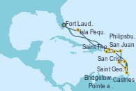 Visitando Fort Lauderdale (Florida/EEUU), Saint Thomas (Islas Vírgenes), San Cristóbal y Nieves, Castries (Santa Lucía/Caribe), Bridgetown (Barbados), Saint George (Grenada), Pointe a Pitre (Guadalupe), Philipsburg (St. Maarten), San Juan (Puerto Rico), Isla Pequeña (San Salvador/Bahamas), Fort Lauderdale (Florida/EEUU)