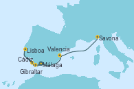 Visitando Málaga, Cádiz (España), Lisboa (Portugal), Gibraltar (Inglaterra), Valencia, Savona (Italia)