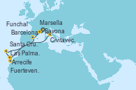 Visitando Savona (Italia), Civitavecchia (Roma), Arrecife (Lanzarote/España), Las Palmas de Gran Canaria (España), Fuerteventura (Canarias/España), Santa Cruz de Tenerife (España), Funchal (Madeira), Barcelona, Marsella (Francia), Savona (Italia)
