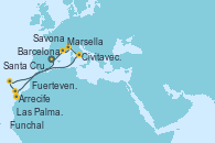 Visitando Barcelona, Marsella (Francia), Savona (Italia), Civitavecchia (Roma), Arrecife (Lanzarote/España), Las Palmas de Gran Canaria (España), Fuerteventura (Canarias/España), Santa Cruz de Tenerife (España), Funchal (Madeira), Barcelona