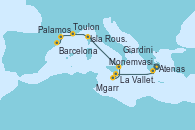 Visitando Atenas (Grecia), Monemvasia (Grecia), La Valletta (Malta), La Valletta (Malta), Mgarr (Malta), Giardini Naxos (Italia), Isla Rousse (Córcega), Toulon (Francia), Palamos (Gerona/España), Barcelona