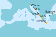 Visitando Trieste (Italia), Split (Croacia), Corfú (Grecia), Argostoli (Grecia), Heraklion (Creta), Estambul (Turquía), Estambul (Turquía)