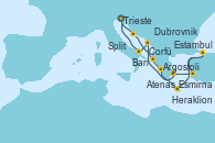 Visitando Trieste (Italia), Split (Croacia), Corfú (Grecia), Argostoli (Grecia), Heraklion (Creta), Estambul (Turquía), Estambul (Turquía), Estambul (Turquía), Esmirna (Turquía), Atenas (Grecia), Dubrovnik (Croacia), Bari (Italia), Trieste (Italia)