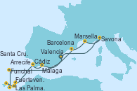 Visitando Valencia, Funchal (Madeira), Las Palmas de Gran Canaria (España), Santa Cruz de Tenerife (España), Fuerteventura (Canarias/España), Arrecife (Lanzarote/España), Cádiz (España), Málaga, Barcelona, Marsella (Francia), Savona (Italia), Valencia