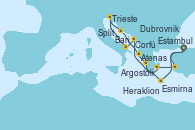 Visitando Estambul (Turquía), Estambul (Turquía), Esmirna (Turquía), Atenas (Grecia), Dubrovnik (Croacia), Bari (Italia), Trieste (Italia), Split (Croacia), Corfú (Grecia), Argostoli (Grecia), Heraklion (Creta), Estambul (Turquía), Estambul (Turquía)