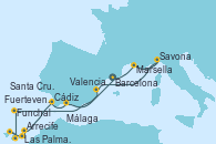 Visitando Barcelona, Marsella (Francia), Savona (Italia), Valencia, Funchal (Madeira), Las Palmas de Gran Canaria (España), Santa Cruz de Tenerife (España), Fuerteventura (Canarias/España), Arrecife (Lanzarote/España), Cádiz (España), Málaga, Barcelona