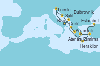 Visitando Bari (Italia), Trieste (Italia), Split (Croacia), Corfú (Grecia), Argostoli (Grecia), Heraklion (Creta), Estambul (Turquía), Estambul (Turquía), Estambul (Turquía), Esmirna (Turquía), Atenas (Grecia), Dubrovnik (Croacia), Bari (Italia)