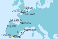 Visitando Le Havre (Francia), Tilbury (Gran Bretaña), Zeebrugge (Bruselas), Burdeos (Francia), La Coruña (Galicia/España), Oporto (Portugal), Gibraltar (Inglaterra), Málaga, Ibiza (España), Barcelona