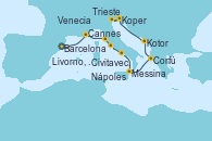 Visitando Barcelona, Cannes (Francia), Livorno, Pisa y Florencia (Italia), Civitavecchia (Roma), Nápoles (Italia), Messina (Sicilia), Corfú (Grecia), Kotor (Montenegro), Koper (Eslovenia), Venecia (Italia), Trieste (Italia)
