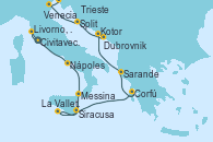 Visitando Civitavecchia (Roma), Livorno, Pisa y Florencia (Italia), Nápoles (Italia), Messina (Sicilia), La Valletta (Malta), Siracusa (Sicilia), Corfú (Grecia), Sarande (Albania), Kotor (Montenegro), Dubrovnik (Croacia), Split (Croacia), Venecia (Italia), Trieste (Italia)