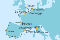 Visitando Civitavecchia (Roma), Livorno, Pisa y Florencia (Italia), Cannes (Francia), Barcelona, Cádiz (España), Lisboa (Portugal), Burdeos (Francia), Ámsterdam (Holanda), Tilbury (Gran Bretaña), Zeebrugge (Bruselas), Le Havre (Francia)