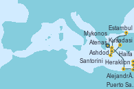 Visitando Atenas (Grecia), Heraklion (Creta), Santorini (Grecia), Kusadasi (Efeso/Turquía), Estambul (Turquía), Mykonos (Grecia), Alejandría (Egipto), Puerto Said (Egipto), Ashdod (Israel), Haifa (Israel)
