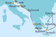 Visitando Trieste (Italia), Koper (Eslovenia), Ravenna (Italia), Split (Croacia), Dubrovnik (Croacia), Corfú (Grecia), Santorini (Grecia), Kusadasi (Efeso/Turquía), Estambul (Turquía), Mykonos (Grecia), Atenas (Grecia)