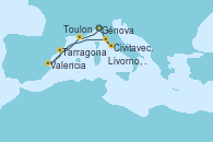Visitando Génova (Italia), Civitavecchia (Roma), Livorno, Pisa y Florencia (Italia), Valencia, Tarragona (España), Toulon (Francia), Génova (Italia)
