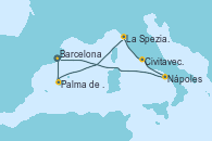 Visitando Barcelona, Palma de Mallorca (España), La Spezia, Florencia y Pisa (Italia), Civitavecchia (Roma), Nápoles (Italia), Barcelona