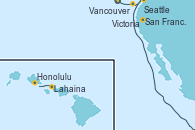 Visitando Vancouver (Canadá), Victoria (Canadá), Seattle (Washington/EEUU), San Francisco (California/EEUU), San Francisco (California/EEUU), Lahaina  (Hawai), Lahaina  (Hawai), Honolulu (Hawai)