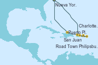 Visitando Nueva York (Estados Unidos), San Juan (Puerto Rico), Philipsburg (St. Maarten), Charlotte Amalie (St. Thomas), Road Town (Isla Tórtola/Islas Vírgenes), Puerto Plata, Republica Dominicana, Nueva York (Estados Unidos)