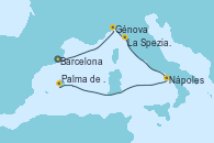 Visitando Barcelona, Génova (Italia), La Spezia, Florencia y Pisa (Italia), Nápoles (Italia), Palma de Mallorca (España)