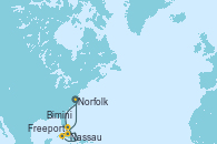 Visitando Norfolk (Virginia/EEUU), Freeport (Bahamas), Nassau (Bahamas), Bimini (Bahamas), Norfolk (Virginia/EEUU)