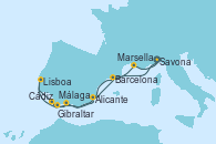 Visitando Savona (Italia), Málaga, Gibraltar (Inglaterra), Cádiz (España), Lisboa (Portugal), Alicante (España), Barcelona, Marsella (Francia), Savona (Italia)
