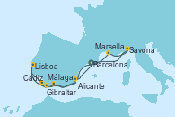 Visitando Barcelona, Marsella (Francia), Savona (Italia), Málaga, Gibraltar (Inglaterra), Cádiz (España), Lisboa (Portugal), Alicante (España), Barcelona