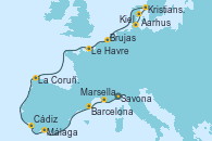 Visitando Savona (Italia), Marsella (Francia), Barcelona, Málaga, Cádiz (España), La Coruña (Galicia/España), Le Havre (Francia), Brujas (Bélgica), Kristiansand (Noruega), Aarhus (Dinamarca), Kiel (Alemania)