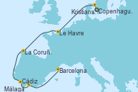 Visitando Copenhague (Dinamarca), Kristiansand (Noruega), Le Havre (Francia), La Coruña (Galicia/España), Cádiz (España), Málaga, Barcelona