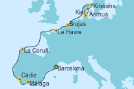 Visitando Barcelona, Málaga, Cádiz (España), La Coruña (Galicia/España), Le Havre (Francia), Brujas (Bélgica), Kristiansand (Noruega), Aarhus (Dinamarca), Kiel (Alemania)
