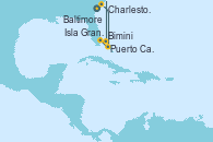 Visitando Baltimore (Maryland), Charleston (Carolina del Sur), Puerto Cañaveral (Florida), Isla Gran Bahama (Florida/EEUU), Bimini (Bahamas), Baltimore (Maryland)