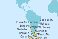 Visitando Buenos aires, Buenos aires, Puerto Madryn (Argentina), Stanley (Malvinas), Gerlache Strait (Antártida), Bahía Paraíso (Antártida), Canal Schollart (Antártida), Isla Elefante (Antártida), Cabo de Hornos (Chile), Ushuaia (Argentina), Ushuaia (Argentina), Punta Arenas (Chile), Estrecho de Magallanes, Fiordos Chilenos, Valparaíso (Chile)