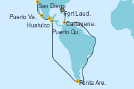 Visitando Fort Lauderdale (Florida/EEUU), Cartagena de Indias (Colombia), Punta Arenas (Chile), Puerto Quetzal (Guatemala), Huatulco (México), Puerto Vallarta (México), San Diego (California/EEUU)