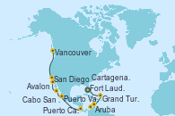 Visitando Fort Lauderdale (Florida/EEUU), Grand Turks(Turks & Caicos), Aruba (Antillas), Cartagena de Indias (Colombia), Puerto Caldera (Costa Rica), Puerto Vallarta (México), Cabo San Lucas (México), San Diego (California/EEUU), Avalon (California/EEUU), Vancouver (Canadá)