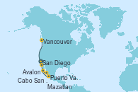Visitando San Diego (California/EEUU), Cabo San Lucas (México), Mazatlan (México), Puerto Vallarta (México), San Diego (California/EEUU), Avalon (California/EEUU), Vancouver (Canadá)