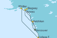 Visitando Vancouver (Canadá), Ketchikan (Alaska), Juneau (Alaska), Skagway (Alaska), College Fjord (Alaska), Whittier (Alaska), Skagway (Alaska), Juneau (Alaska), Ketchikan (Alaska), Vancouver (Canadá)