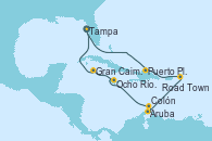 Visitando Tampa (Florida), Puerto Plata, Republica Dominicana, Road Town (Isla Tórtola/Islas Vírgenes), Aruba (Antillas), Colón, Ocho Ríos (Jamaica), Gran Caimán (Islas Caimán), Tampa (Florida)